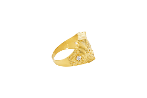 14KT Gold Ring Men's Hexagon Raised Medusa Head with Vertical Striped Background Greek Border Band Design Single Round White CZ Stone Solid Greek Band Border