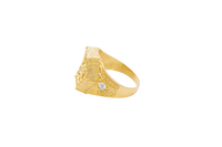 14KT Gold Ring Men's Hexagon Raised Medusa Head with Vertical Striped Background Greek Border Band Design Single Round White CZ Stone Solid Greek Band Border