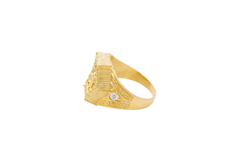 14KT Gold Ring Men's Hexagon Raised Medusa Head with Vertical Striped Background Greek Border Band Design Single Round White CZ Stone Solid Greek Band Border