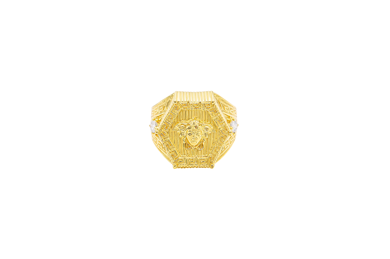 14KT Gold Ring Men's Hexagon Raised Medusa Head with Vertical Striped Background Greek Border Band Design Single Round White CZ Stone Solid Greek Band Border