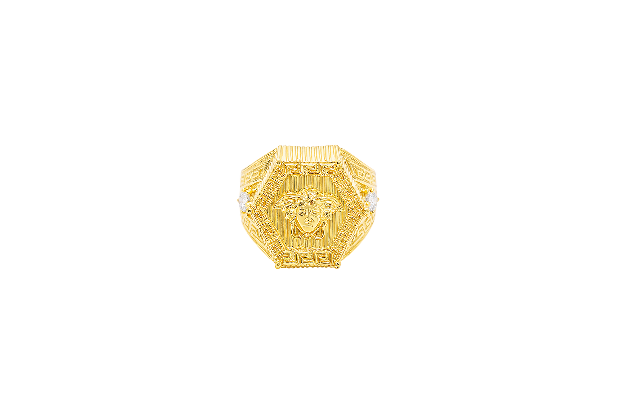 14KT Gold Ring Men's Hexagon Raised Medusa Head with Vertical Striped Background Greek Border Band Design Single Round White CZ Stone Solid Greek Band Border
