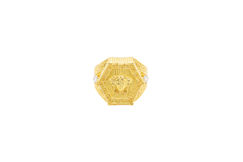 14KT Gold Ring Men's Hexagon Raised Medusa Head with Vertical Striped Background Greek Border Band Design Single Round White CZ Stone Solid Greek Band Border