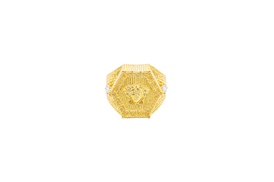 14KT Gold Ring Men's Hexagon Raised Medusa Head with Vertical Striped Background Greek Border Band Design Single Round White CZ Stone Solid Greek Band Border