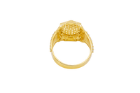 14KT Gold Ring Men's Hexagon White Round CZ Center Stone Design Beaded Print Raised Border Side Design Two Single Rows of Six White CZ Stones and Industrial Top/Lower Frame