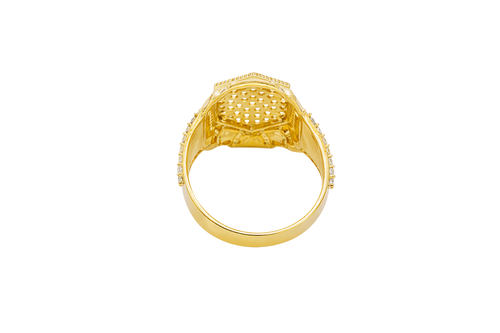 14KT Gold Ring Men's Hexagon White Round CZ Center Stone Design Beaded Print Raised Border Side Design Two Single Rows of Six White CZ Stones and Industrial Top/Lower Frame