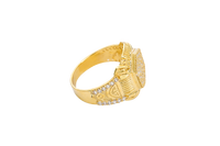 14KT Gold Ring Men's Hexagon White Round CZ Center Stone Design Beaded Print Raised Border Side Design Two Single Rows of Six White CZ Stones and Industrial Top/Lower Frame