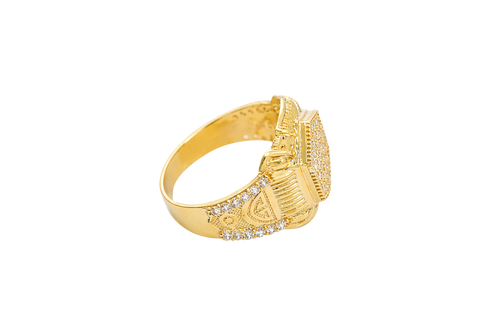 14KT Gold Ring Men's Hexagon White Round CZ Center Stone Design Beaded Print Raised Border Side Design Two Single Rows of Six White CZ Stones and Industrial Top/Lower Frame