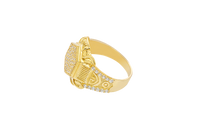 14KT Gold Ring Men's Hexagon White Round CZ Center Stone Design Beaded Print Raised Border Side Design Two Single Rows of Six White CZ Stones and Industrial Top/Lower Frame