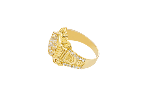 14KT Gold Ring Men's Hexagon White Round CZ Center Stone Design Beaded Print Raised Border Side Design Two Single Rows of Six White CZ Stones and Industrial Top/Lower Frame