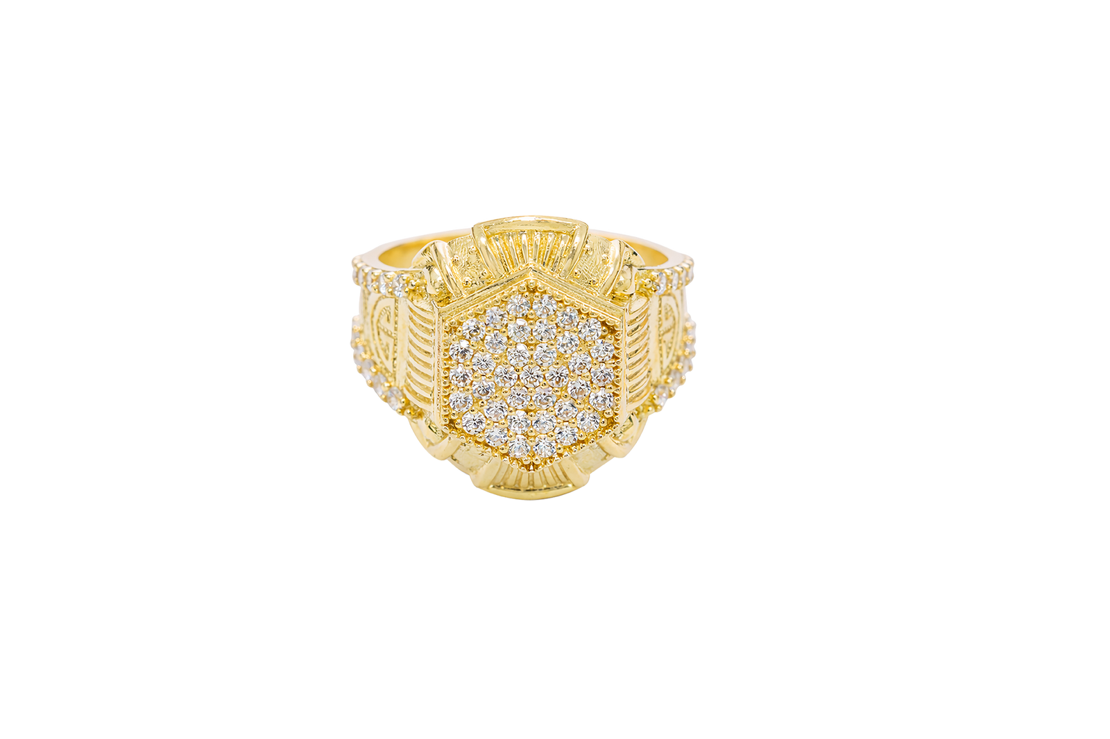 14KT Gold Ring Men's Hexagon White Round CZ Center Stone Design Beaded Print Raised Border Side Design Two Single Rows of Six White CZ Stones and Industrial Top/Lower Frame