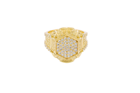 14KT Gold Ring Men's Hexagon White Round CZ Center Stone Design Beaded Print Raised Border Side Design Two Single Rows of Six White CZ Stones and Industrial Top/Lower Frame