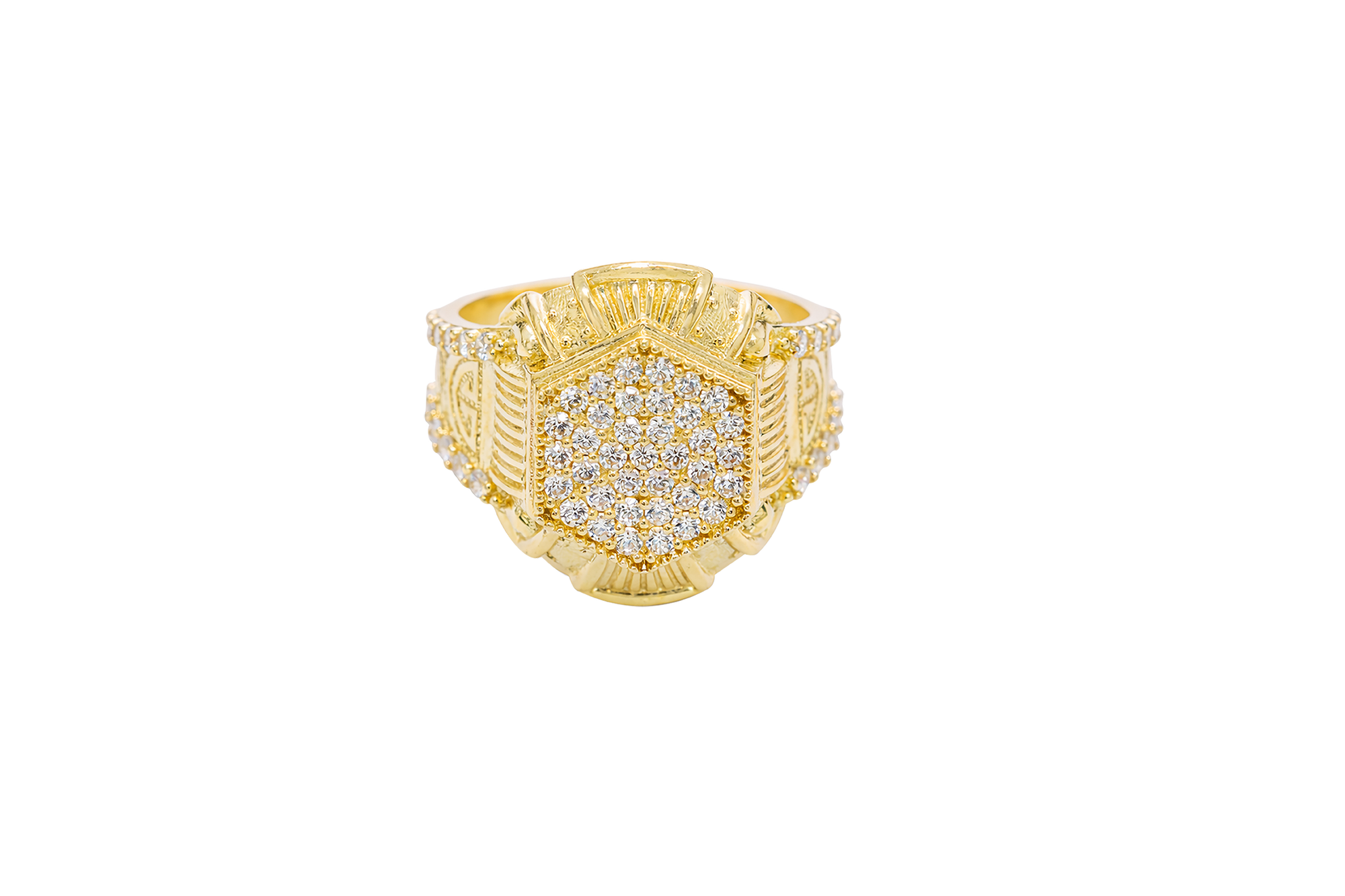 14KT Gold Ring Men's Hexagon White Round CZ Center Stone Design Beaded Print Raised Border Side Design Two Single Rows of Six White CZ Stones and Industrial Top/Lower Frame