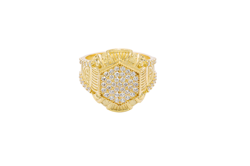 14KT Gold Ring Men's Hexagon White Round CZ Center Stone Design Beaded Print Raised Border Side Design Two Single Rows of Six White CZ Stones and Industrial Top/Lower Frame
