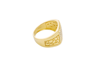 14KT Gold Ring Men's Horizontal Row Rectangle of White CZ Stones Cuban Link Top Lower Border Shank Flat Nugget Plain Border