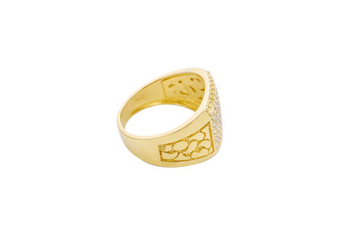 14KT Gold Ring Men's Horizontal Row Rectangle of White CZ Stones Cuban Link Top Lower Border Shank Flat Nugget Plain Border