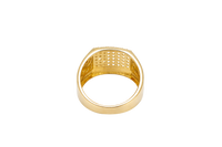 14KT Gold Ring Men's Horizontal Row Rectangle of White CZ Stones Cuban Link Top Lower Border Shank Flat Nugget Plain Border