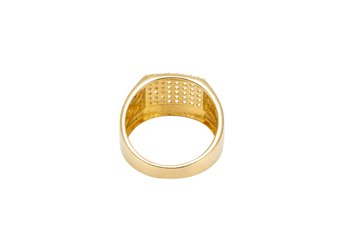 14KT Gold Ring Men's Horizontal Row Rectangle of White CZ Stones Cuban Link Top Lower Border Shank Flat Nugget Plain Border