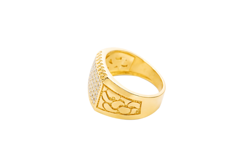 14KT Gold Ring Men's Horizontal Row Rectangle of White CZ Stones Cuban Link Top Lower Border Shank Flat Nugget Plain Border