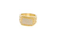 14KT Gold Ring Men's Horizontal Row Rectangle of White CZ Stones Cuban Link Top Lower Border Shank Flat Nugget Plain Border