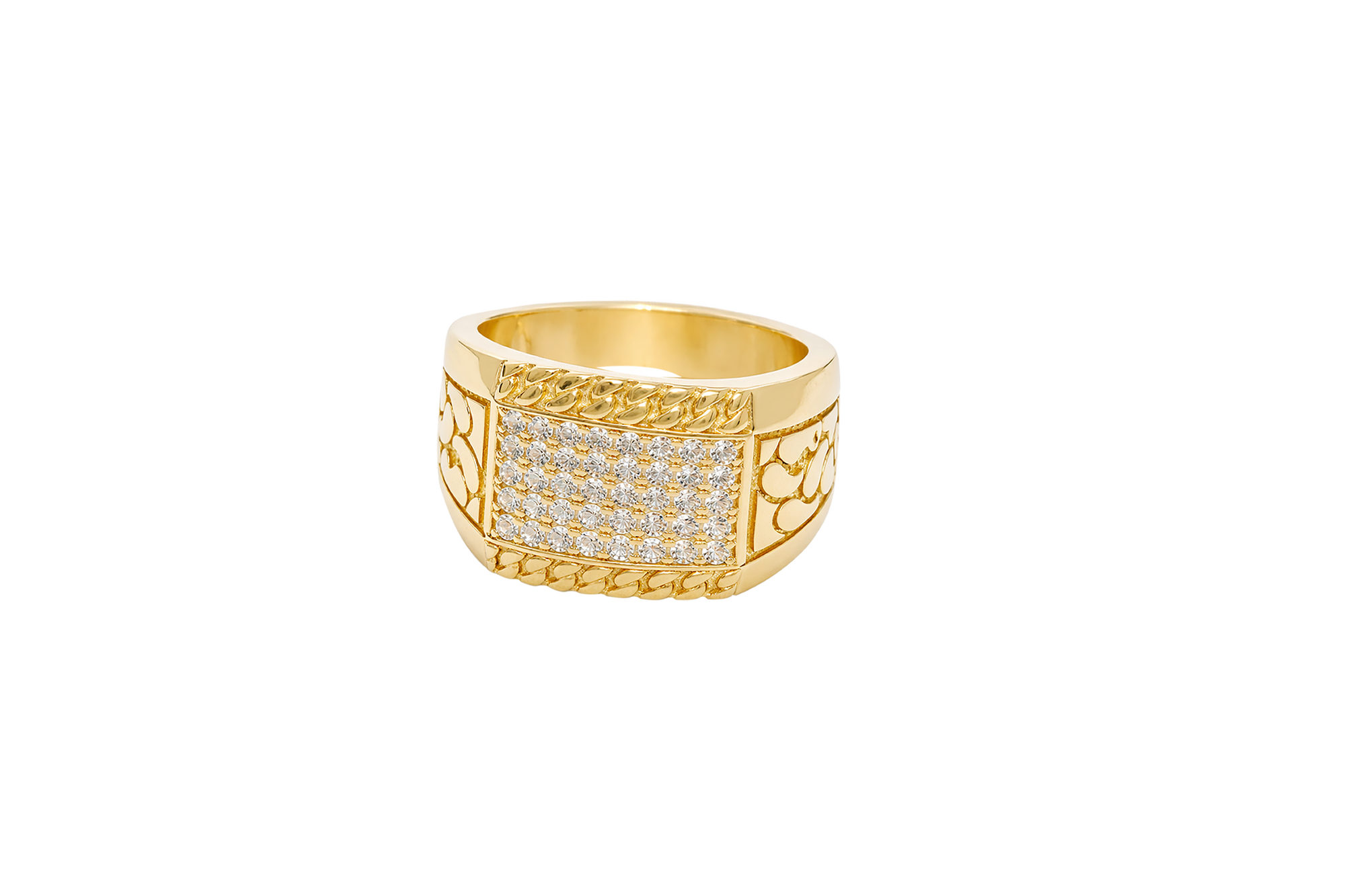 14KT Gold Ring Men's Horizontal Row Rectangle of White CZ Stones Cuban Link Top Lower Border Shank Flat Nugget Plain Border