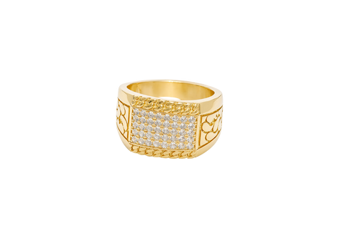 14KT Gold Ring Men's Horizontal Row Rectangle of White CZ Stones Cuban Link Top Lower Border Shank Flat Nugget Plain Border