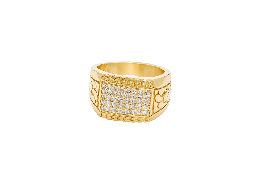 14KT Gold Ring Men's Horizontal Row Rectangle of White CZ Stones Cuban Link Top Lower Border Shank Flat Nugget Plain Border