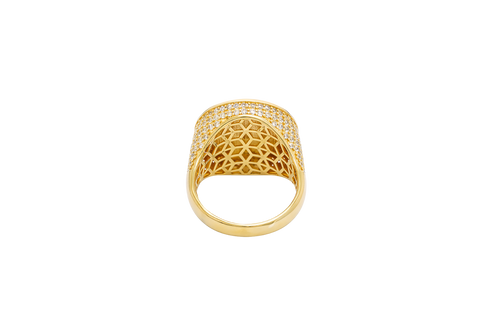 14KT Gold Ring Men's Round Raised Full Horse Coin Design with Single Row White CZ Stone Border Band Design 8 Rows of Pave White CZ White Stones