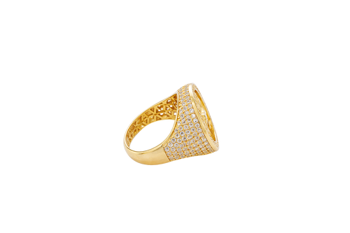14KT Gold Ring Men's Round Raised Full Horse Coin Design with Single Row White CZ Stone Border Band Design 8 Rows of Pave White CZ White Stones