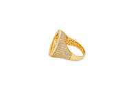 14KT Gold Ring Men's Round Raised Full Horse Coin Design with Single Row White CZ Stone Border Band Design 8 Rows of Pave White CZ White Stones