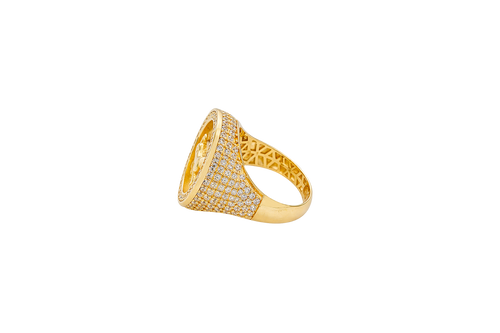 14KT Gold Ring Men's Round Raised Full Horse Coin Design with Single Row White CZ Stone Border Band Design 8 Rows of Pave White CZ White Stones
