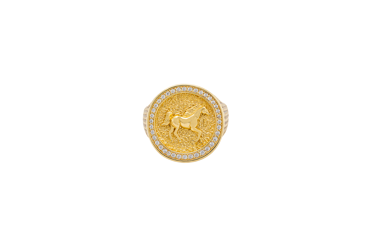 14KT Gold Ring Men's Round Raised Full Horse Coin Design with Single Row White CZ Stone Border Band Design 8 Rows of Pave White CZ White Stones