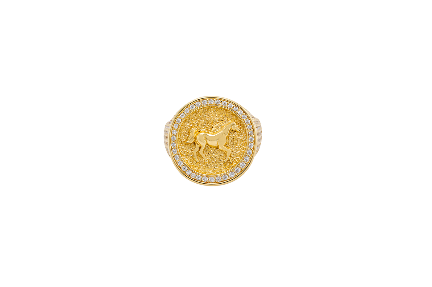 14KT Gold Ring Men's Round Raised Full Horse Coin Design with Single Row White CZ Stone Border Band Design 8 Rows of Pave White CZ White Stones