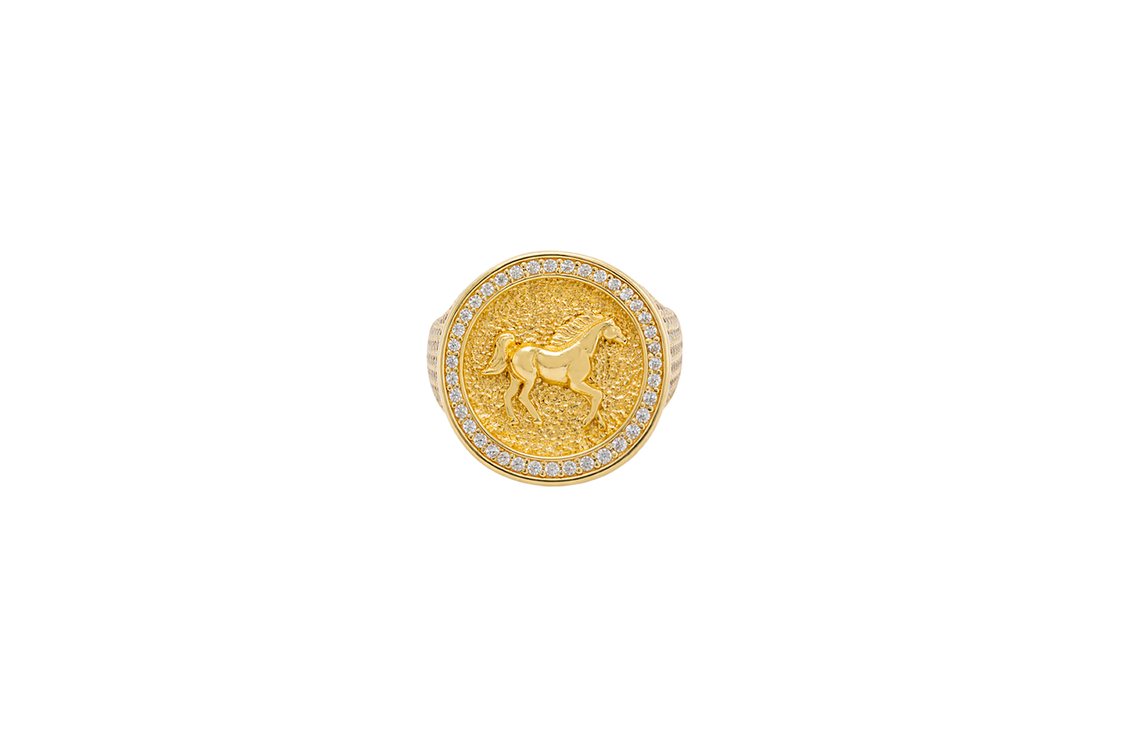 14KT Gold Ring Men's Round Raised Full Horse Coin Design with Single Row White CZ Stone Border Band Design 8 Rows of Pave White CZ White Stones
