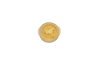 14KT Gold Ring Men's Round Raised Full Horse Coin Design with Single Row White CZ Stone Border Band Design 8 Rows of Pave White CZ White Stones