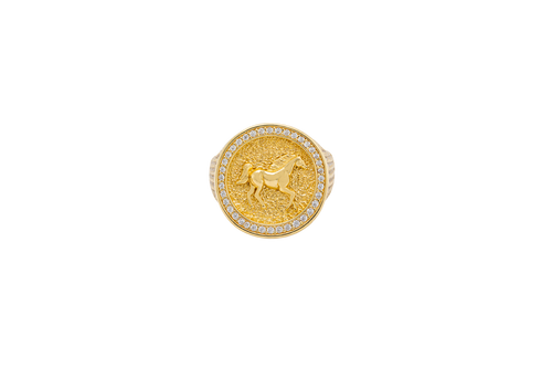 14KT Gold Ring Men's Round Raised Full Horse Coin Design with Single Row White CZ Stone Border Band Design 8 Rows of Pave White CZ White Stones