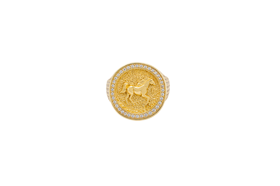 14KT Gold Ring Men's Round Raised Full Horse Coin Design with Single Row White CZ Stone Border Band Design 8 Rows of Pave White CZ White Stones