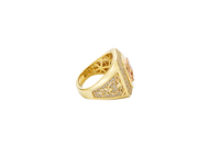 14KT Gold Ring Men's Two Tone Rectangular Raised Horseshoe with Sunray Background and Double Row White CZ Stone Border Band Design Raised Reins and Saddle