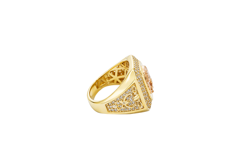 14KT Gold Ring Men's Two Tone Rectangular Raised Horseshoe with Sunray Background and Double Row White CZ Stone Border Band Design Raised Reins and Saddle