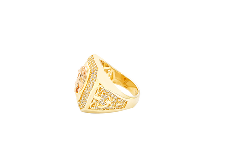 14KT Gold Ring Men's Two Tone Rectangular Raised Horseshoe with Sunray Background and Double Row White CZ Stone Border Band Design Raised Reins and Saddle