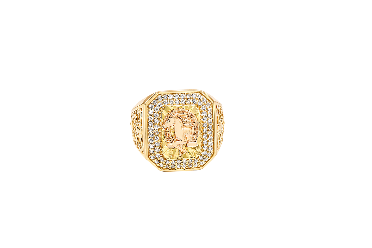 14KT Gold Ring Men's Two Tone Rectangular Raised Horseshoe with Sunray Background and Double Row White CZ Stone Border Band Design Raised Reins and Saddle