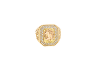14KT Gold Ring Men's Two Tone Rectangular Raised Horseshoe with Sunray Background and Double Row White CZ Stone Border Band Design Raised Reins and Saddle