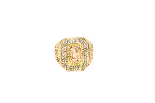 14KT Gold Ring Men's Two Tone Rectangular Raised Horseshoe with Sunray Background and Double Row White CZ Stone Border Band Design Raised Reins and Saddle