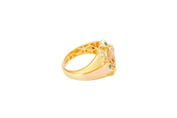 14KT Gold Ring Men's Round Two Tone Half Horse Portrait with Horseshoe Center with White CZ Border and CZ Green Stone on North, South, West, and East Border of the Ring