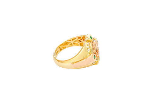 14KT Gold Ring Men's Round Two Tone Half Horse Portrait with Horseshoe Center with White CZ Border and CZ Green Stone on North, South, West, and East Border of the Ring
