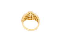 14KT Gold Ring Men's Round Two Tone Half Horse Portrait with Horseshoe Center with White CZ Border and CZ Green Stone on North, South, West, and East Border of the Ring