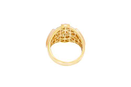 14KT Gold Ring Men's Round Two Tone Half Horse Portrait with Horseshoe Center with White CZ Border and CZ Green Stone on North, South, West, and East Border of the Ring
