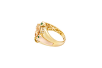 14KT Gold Ring Men's Round Two Tone Half Horse Portrait with Horseshoe Center with White CZ Border and CZ Green Stone on North, South, West, and East Border of the Ring