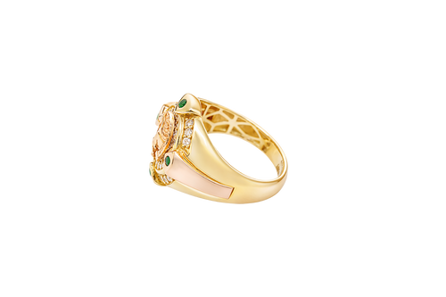 14KT Gold Ring Men's Round Two Tone Half Horse Portrait with Horseshoe Center with White CZ Border and CZ Green Stone on North, South, West, and East Border of the Ring