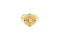 14KT Gold Ring Men's Round Two Tone Half Horse Portrait with Horseshoe Center with White CZ Border and CZ Green Stone on North, South, West, and East Border of the Ring