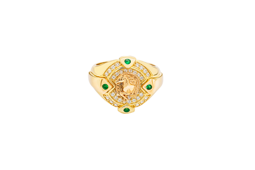 14KT Gold Ring Men's Round Two Tone Half Horse Portrait with Horseshoe Center with White CZ Border and CZ Green Stone on North, South, West, and East Border of the Ring